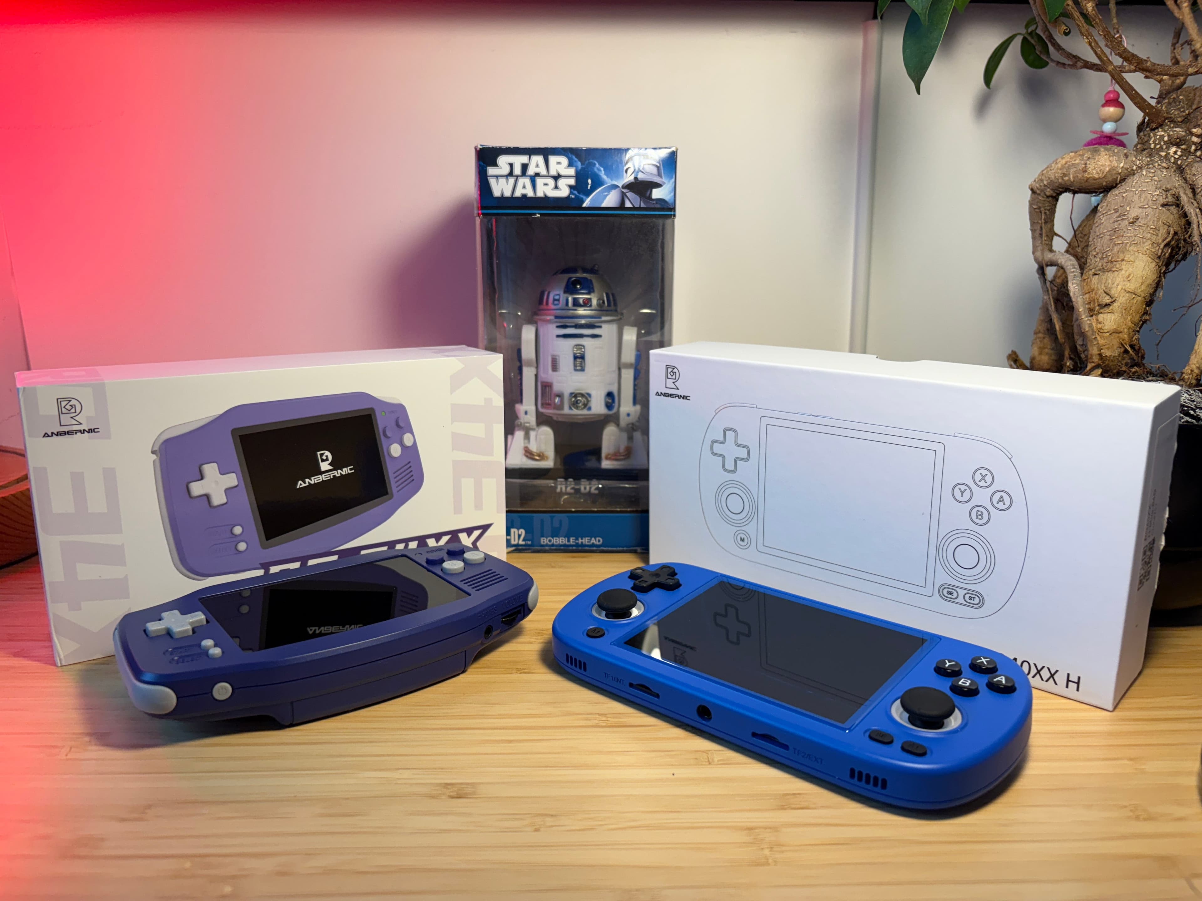 Two retro handhelds from RetroGear on display: Anbernic RG34XX and RG40XXH in indigo and blue.