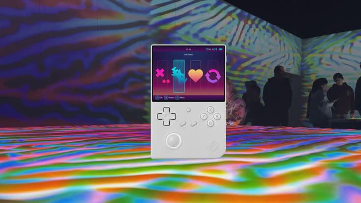 White Anbernic RG35XX Plus with colourful background and MuOS.
